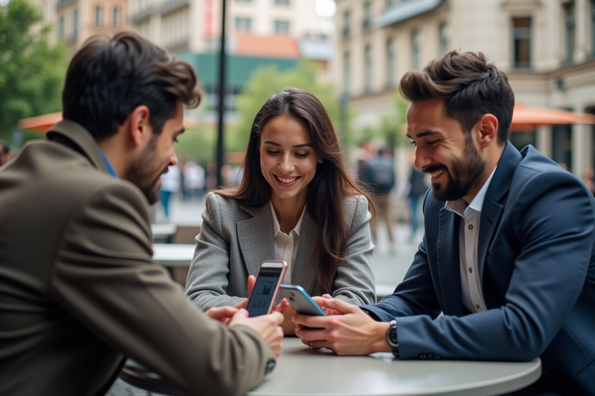 Trois jeunes professionnels discutant avec smartphones en extérieur
