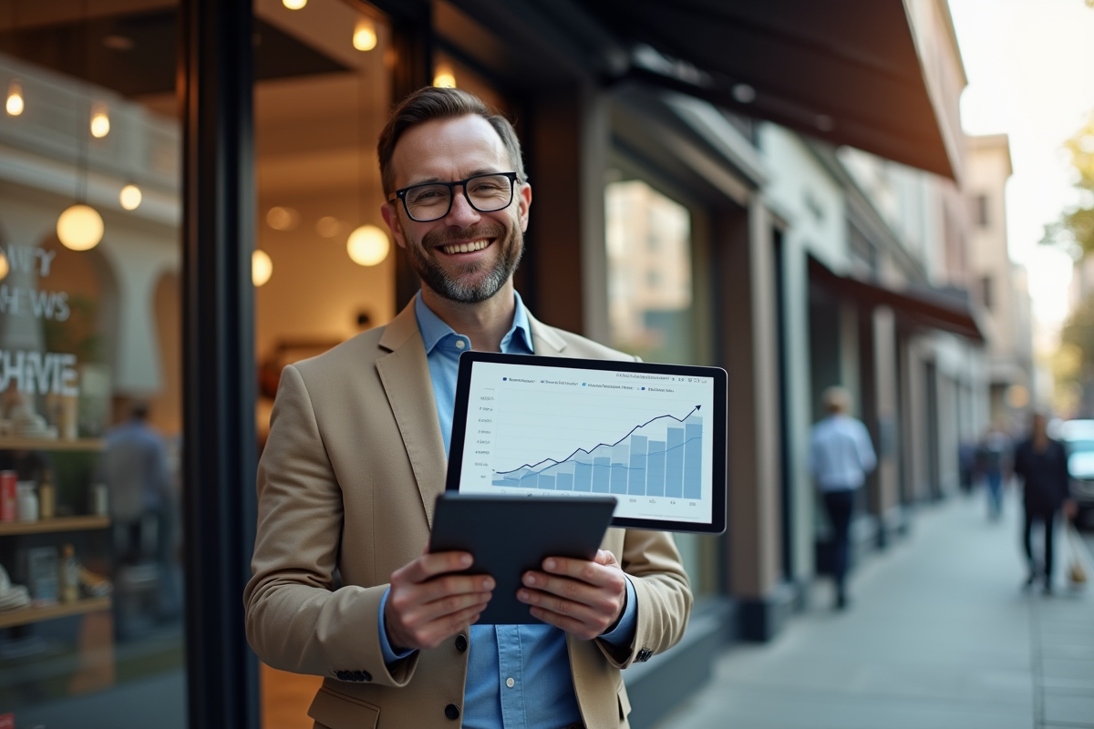 Propriétaire de commerce avec tablette montrant croissance