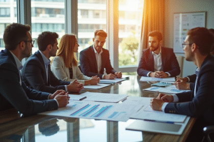 Réunion d'affaires dans un bureau lumineux avec graphiques