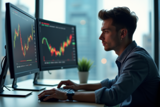 Jeune trader concentré devant ses écrans de trading