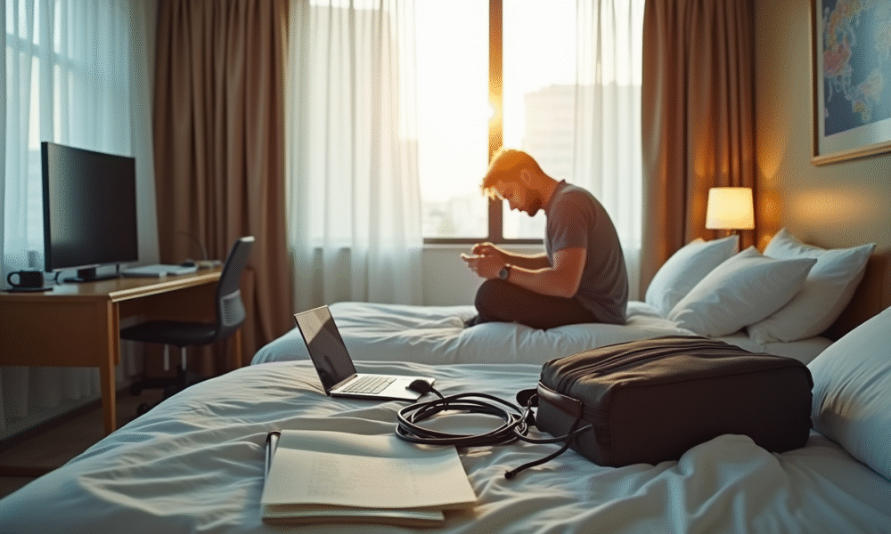 Voyageur stressé assis sur un lit désordonné dans une chambre d'hôtel lumineuse